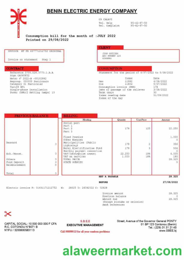 Benin Electric Company Word and PDF utility bill template